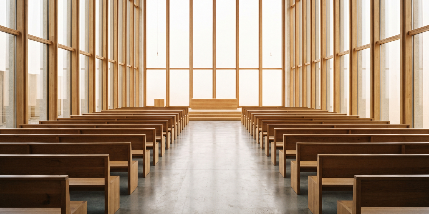 A light-filled assembly hall with rows of wooden seating and a wide clean floor.