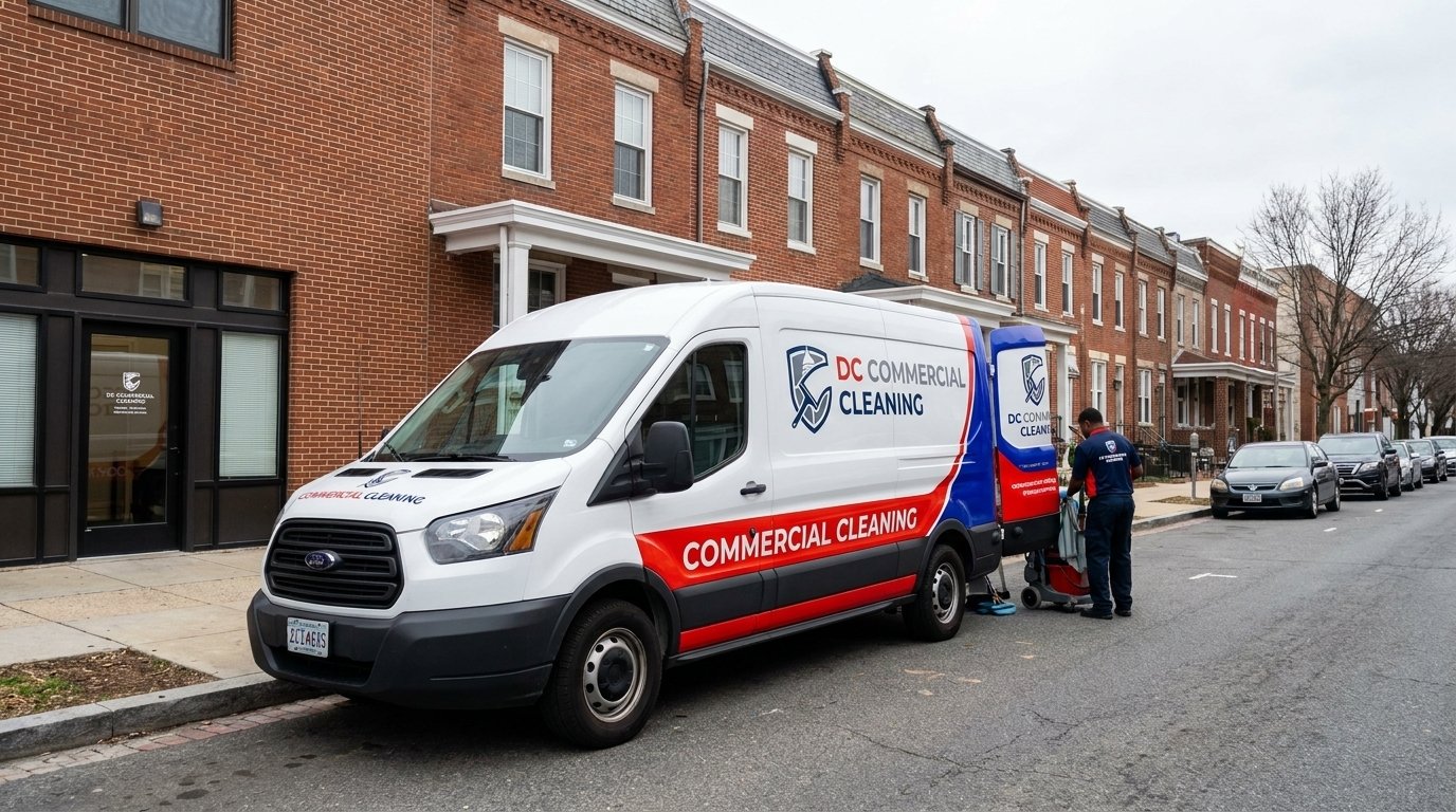 A cleaning van parked on a residential street while a technician prepares equipment.