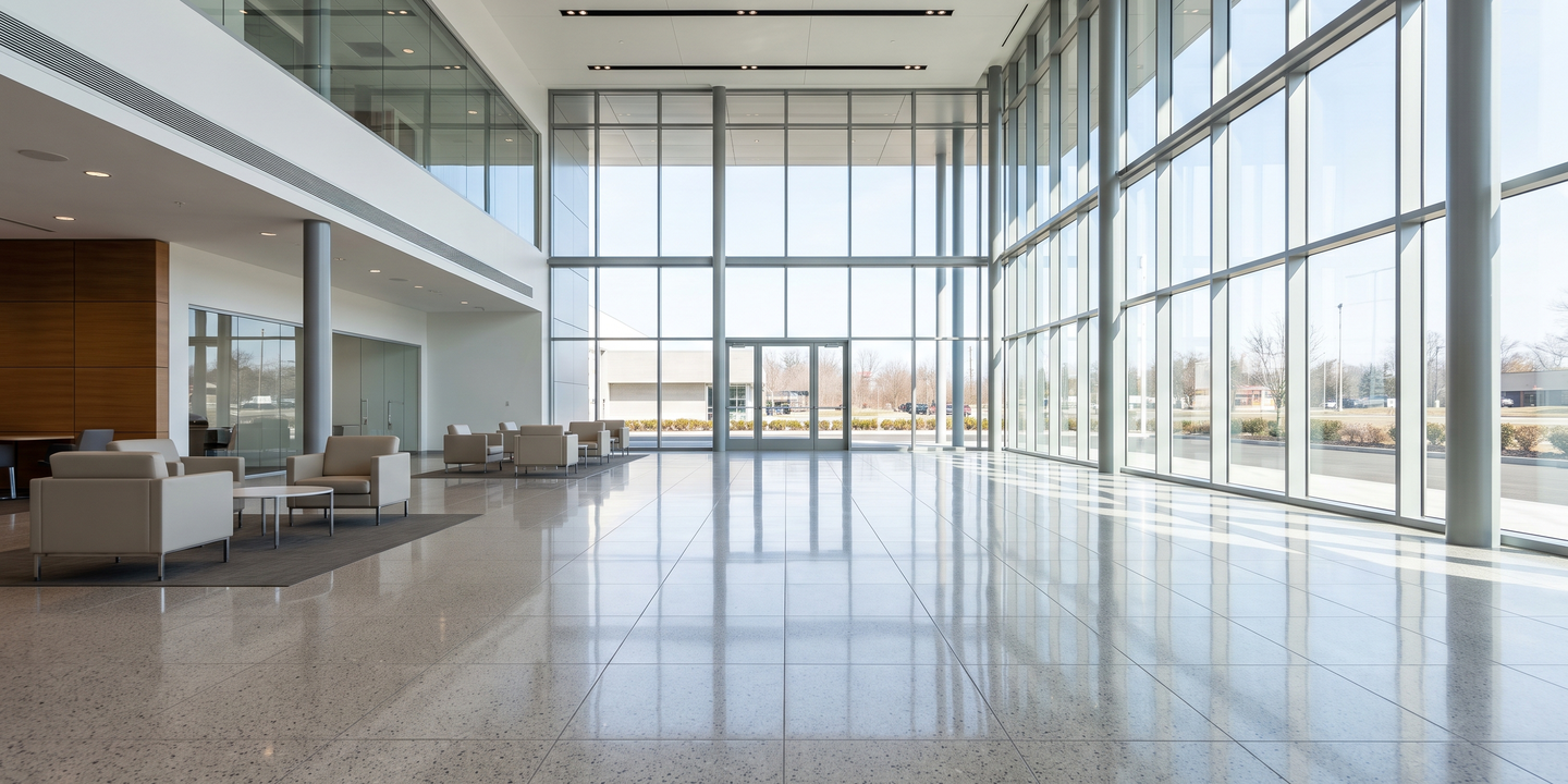 An empty dealership showroom with floor-to-ceiling glass, a polished floor and a customer lounge area.