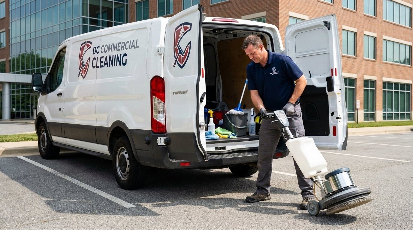 A cleaner unloading floor-care equipment beside a van.