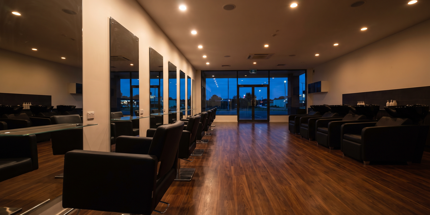 An empty hair salon after closing with styling chairs, mirrors and wash basins.