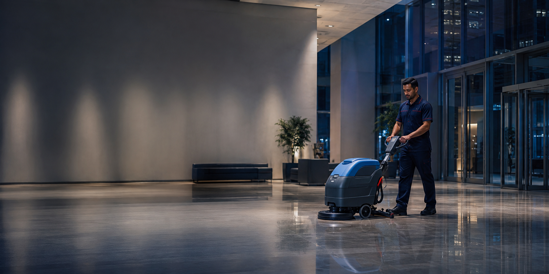 A cleaner operating a floor machine in a contemporary office lobby at night.