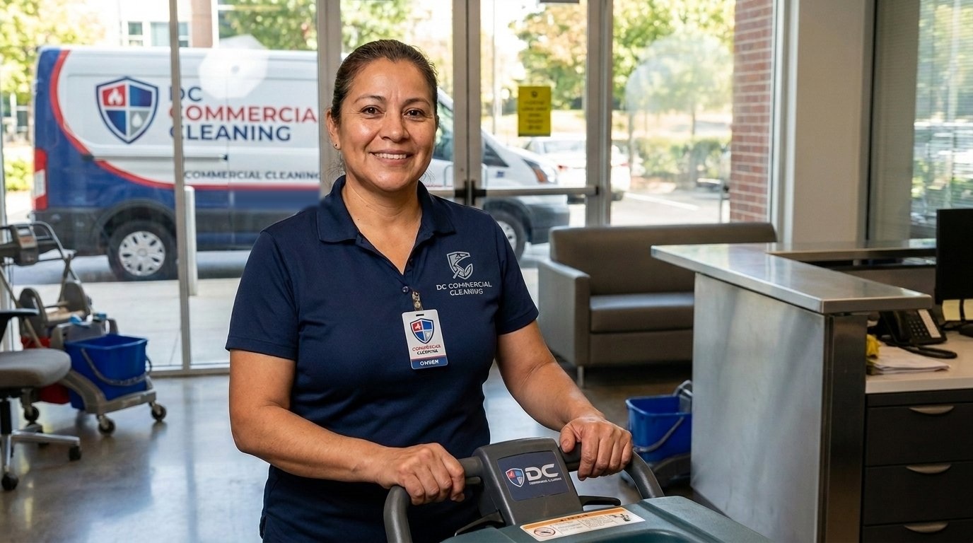 A member of the DC Commercial Cleaning team standing beside floor-care equipment.