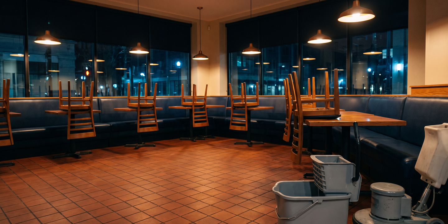 An empty restaurant dining room at night with chairs upright and floor cleaning equipment at the edge of the room.