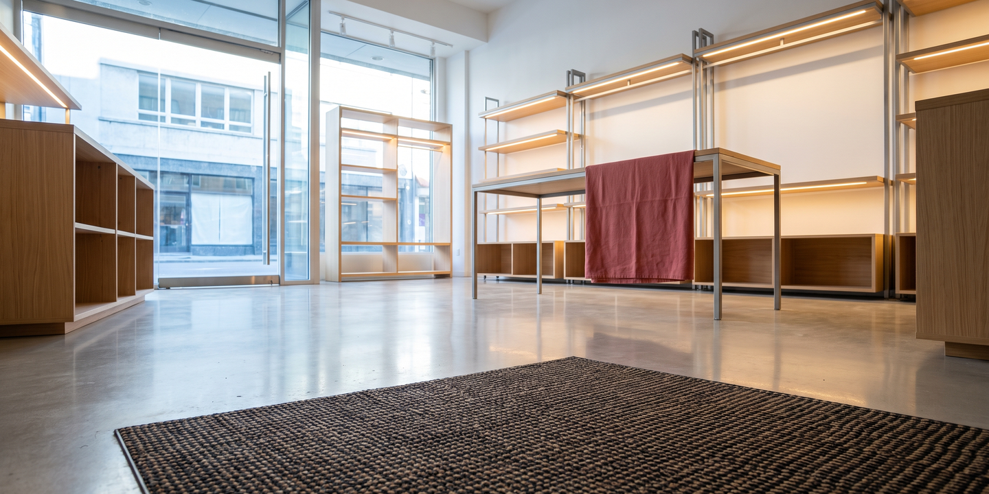 A retail shop floor before opening with display fixtures, entrance matting and a glass shopfront.